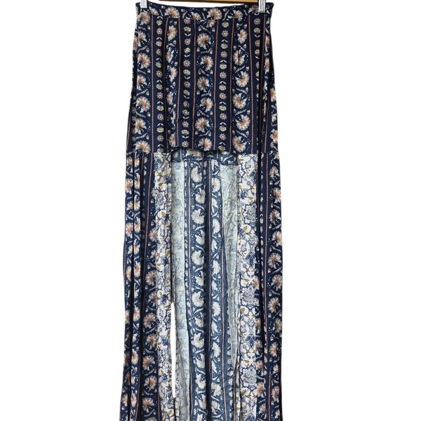 Tigerlily High Low Maxi Skirt Size 8 Floral Boho Festival Rayon Navy Blue Cream