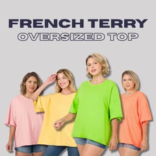 1X 2X 3X Round Neck Lightweight French Terry  Raw Hem Loose Fit Short Sleeve Top