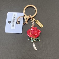 Red Rose Gold Tone Rhinestone Embellished Beautiful Charm Keychain Keyring