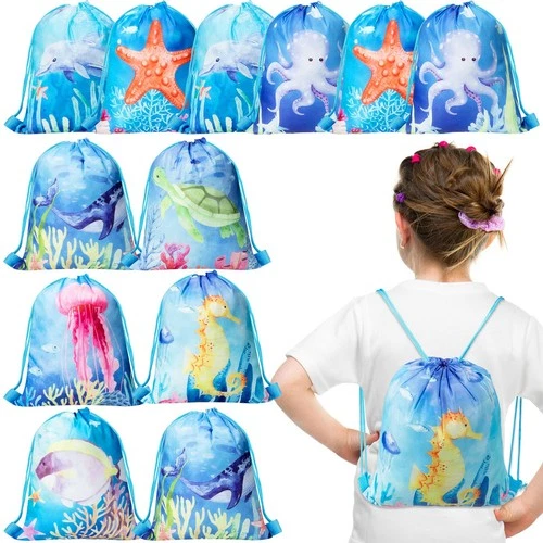 Clabby 10Pcs Only Ocean Party Favors Bags Sea Life Drawstring Candy Gifts Sacks