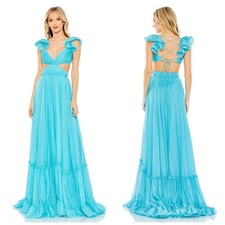 NEW Mac Duggal Ruched Ruffled Shoulder Cut Out Lace Up Gown Turquoise Blue 4