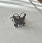 Vintage Sterling Silver Butterfly Ring Turquoise Coral Inlay Size 6