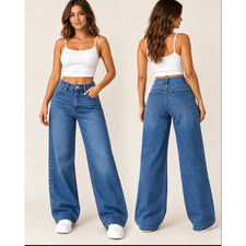 SHEIN Women's Blue Wide Leg Loose Fit Jeans High Rise Denim Pockets Sz 8/10