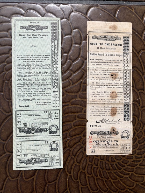 2 New York, Ontario, and Western (NYO&W) Passage Tickets 
