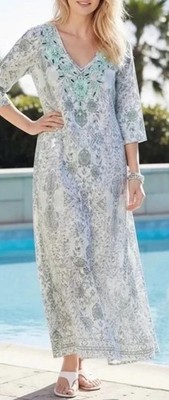 Soft Surroundings Amira Maxi Dress Boho Floral Beaded Kaftan  XS Resort Beach