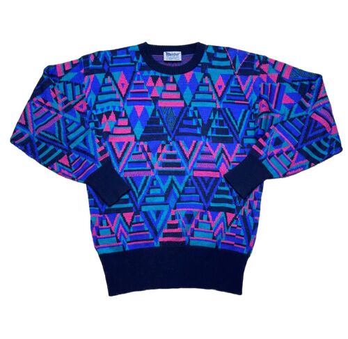 Vintage 80s Meister Sweater Blue / Pink Womens Small Ski Geometric Wool Blend