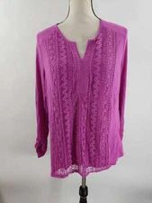 RXB Womens Embroidered Roll Tab Sleeve Popover Tunic Blouse Top NWT
