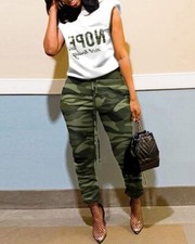 womens 2 piece set, new with tags, casual and cute, white shirt and camo pants