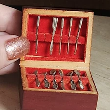 Vintage Miniature Dollhouse 11 flatware / Silverware Set in lined Box