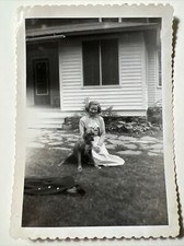 1950s BOXER DOG sitting with Young Lady vintage Photo Snapshot