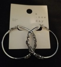 A New Day Silver Tone 2 Hoop Rhinestone Adorned Earrings Nickel Free NEW