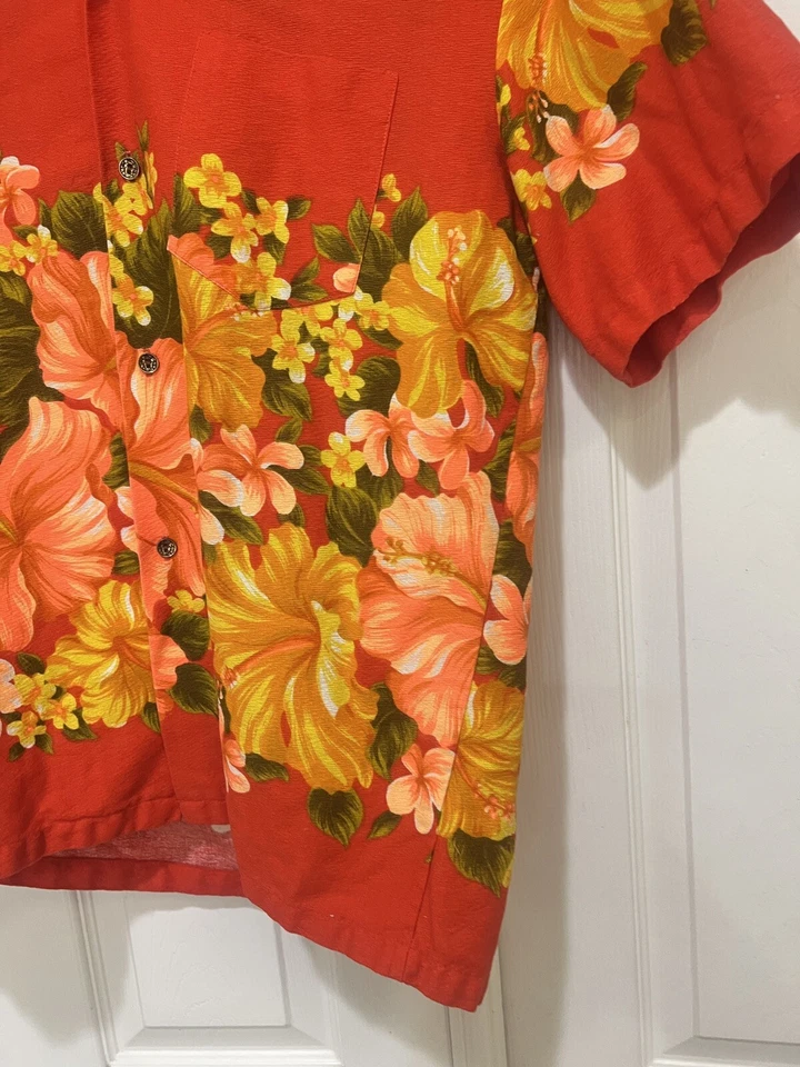 Camisa Aloha Vintage Años 60 70 Hawaiian Togs Para Hombres L Naranja Brillante Floral Tela de Corteza Foto 4 de 4