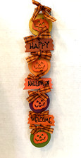 Happy Halloween 17" Long Wood Welcome Hanging Jack O Lantern Decoration NOS