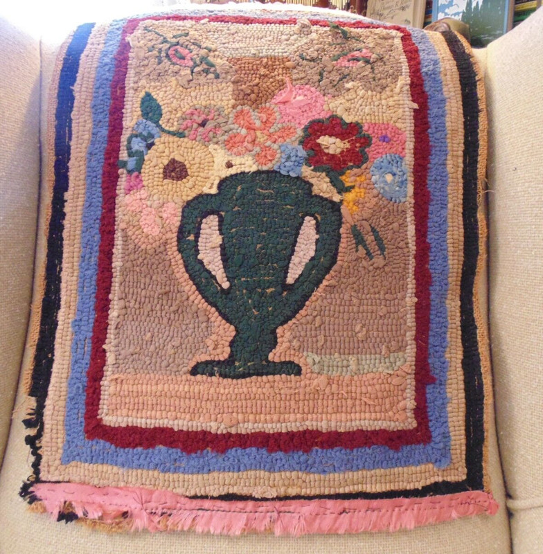 Antique Primitive Hand Hooked Rug Flowers Handled Vase Striped Edge 23x17"