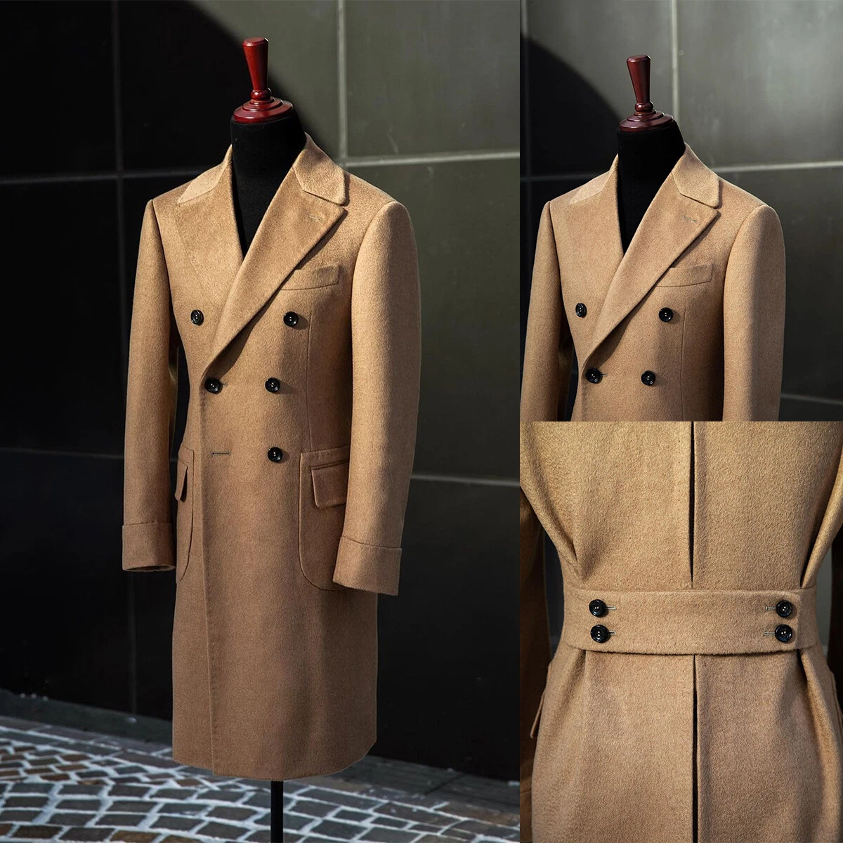 Men s Brown Wool Blend Winter Coat Double Row Men s Windproof Lapel Long Jacket eBay