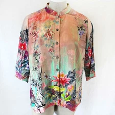 Citron Plus Clothing Wearable Art Dragonfly Lotus Print Blouse 0X Made In USA