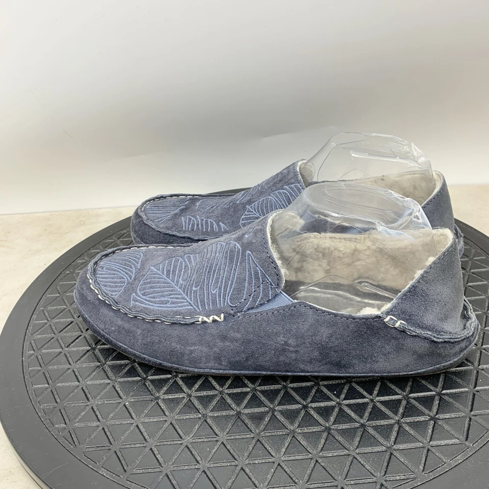 Olukai Nohea Shoes Women Size 9 Slippers Blue Leather Shearling Lined Loafers - Image 4 of 4