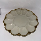 Vintage White Milk Glass Devil Egg Plate / Gold Trim Serving Dish 1950s