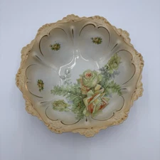 RS Prussia ERA 10” Porcelain Scalloped Edge Bowl Transfer Roses Ferns Gold