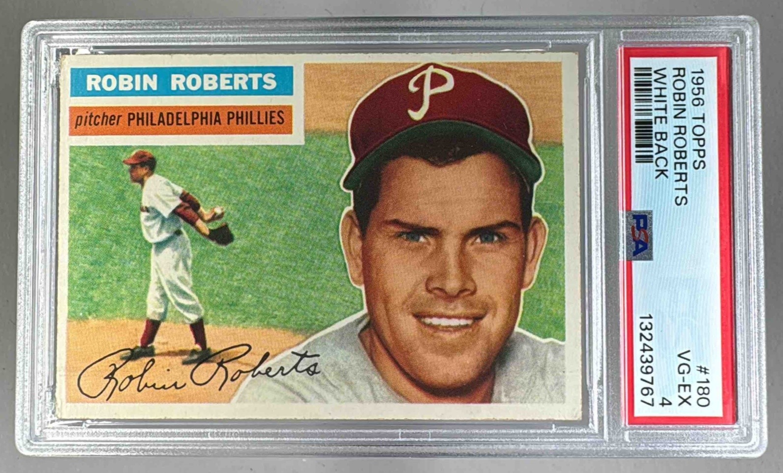 132439767 Robin Roberts 1956 Topps #180 White Back PSA 4
