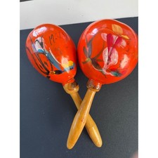 Vintage Hand Painted Maracas Set Orange Floral Design Musical Instrument Decor