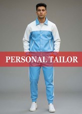 Men's Real Genuine Soft Lambskin Leather TrackSuit Sweatsuit SkyBlue/White 