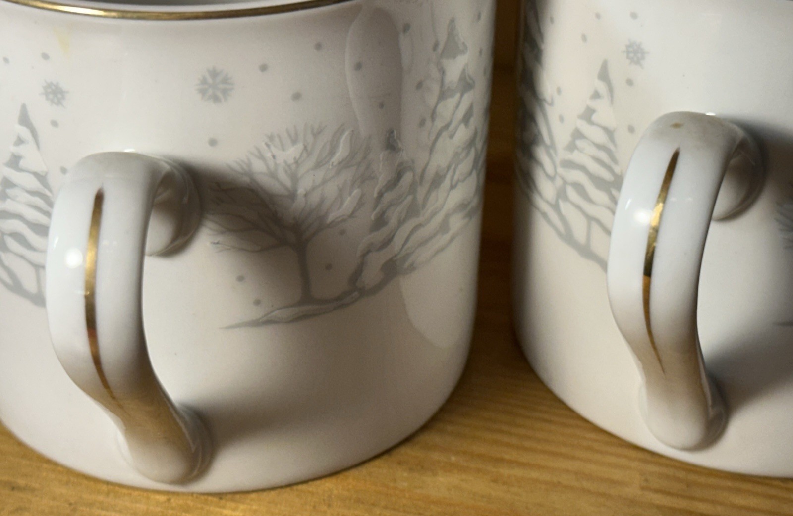 2 Lynn's 3” Fine China Cups - In The Pines Pattern - Snowflakes & Pine Trees EUC