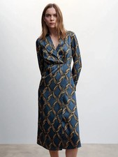 Mango Katea Teal Chain Pattern Long Sleeve Midi Dress Size 8 BNWT