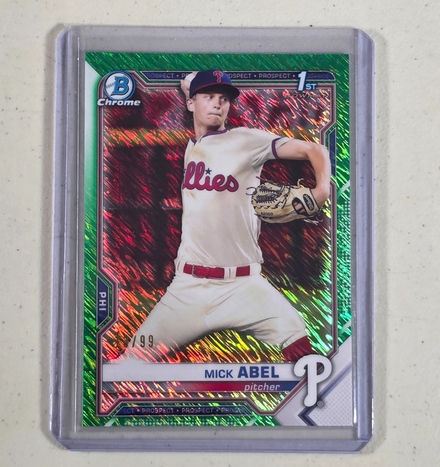 Mick Abel Rookie 1st Green Shimmer /99 Phillies RC Refractor 2021 Bowman Chrome