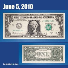 June 5, 2010 Birthday Anniversary $1 One Dollar Bill Serial Number 06052010