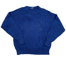 Vintage Grandpa Sweater Men Large Blue Geometric Textured Crewneck Made USA 90s