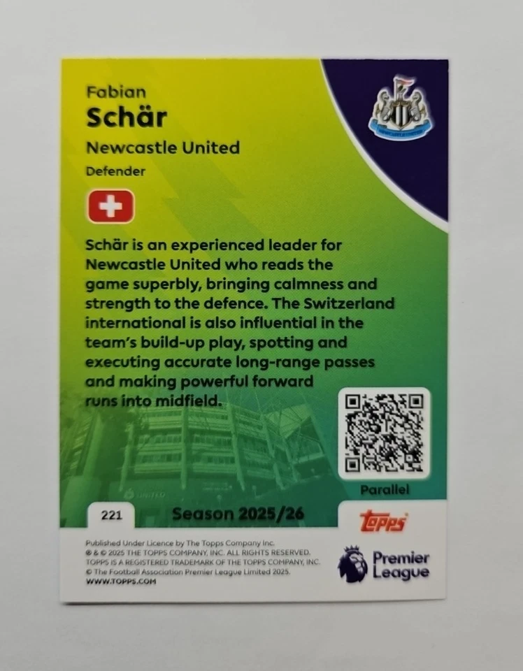 Fabian Schar - Newcastle United - Topps Premier League 2026 - Yellow - #221 - Image 2 of 2