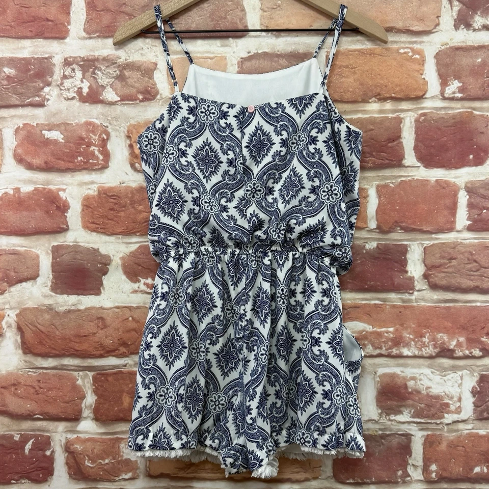 Pantalones Cortos Bisou Bisou Mameluco Mujer 6 Azul Blanco Boho Abstracto Flecos Borde Informal Foto 4 de 4