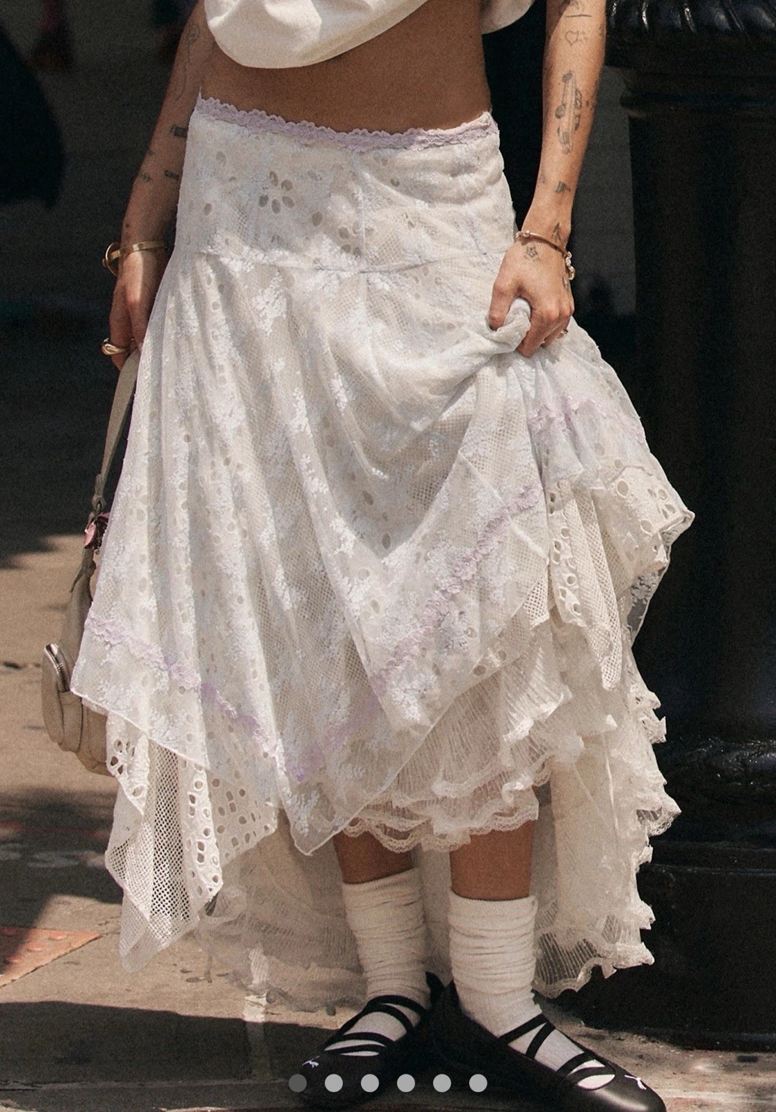 Free People Show Stopper Midi Skirt Eyelet Lace Zip Overlay Lined Ivory L NWT