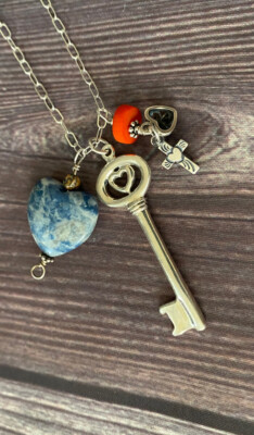 Sterling Silver Key Heart pendant Necklace Heart cross charms HOB MEXICO