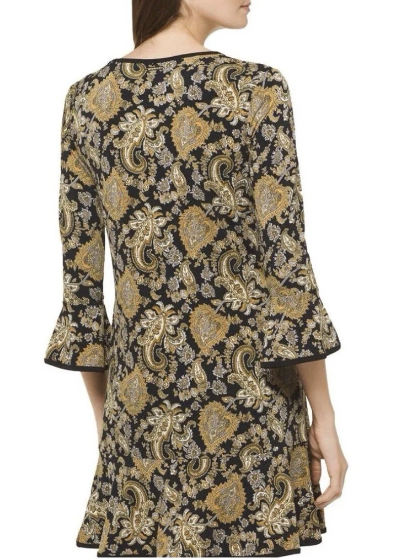 Abito donna Michael Kors nuovo con etichette taglia XS nero oro paisley manica a campana