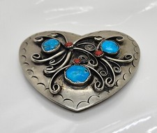 Silver Heart Belt Buckle Turquoise Coral Signed Squaw Wrap Hand Made 3