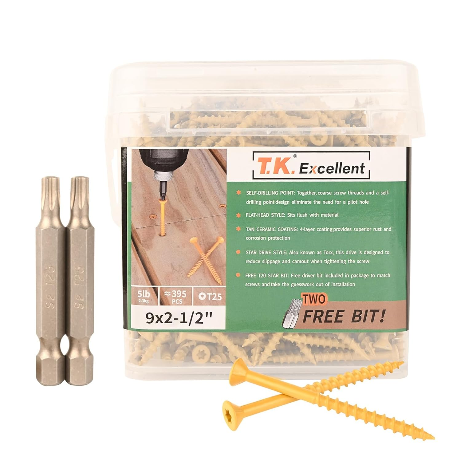 2-1/2 Inch Exterior Deck Screws - 395 Pcs Rust-Resistant Tan Wood Screws for Outdoor Projects