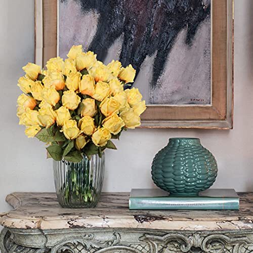 Ramo de rosas artificiales realistas flores 24" tacto real rosas de seda amarillo - Imagen 4 de 7