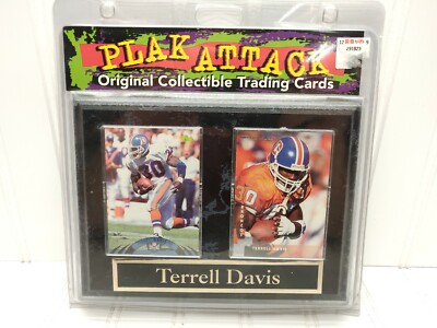 Terrell Davis 1997 Plak Attack 2 Original Collectible Trading Cards On A Plaque.