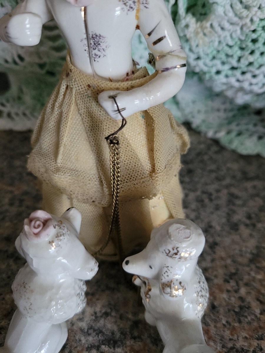 Vintage 1950's Porcelain Girl & 2 White Poodle Dogs on Chain Japan