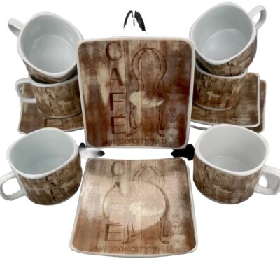 Bistro Chair by Arnie Fisk image on set of 6 miniature coffee cups & plates EC