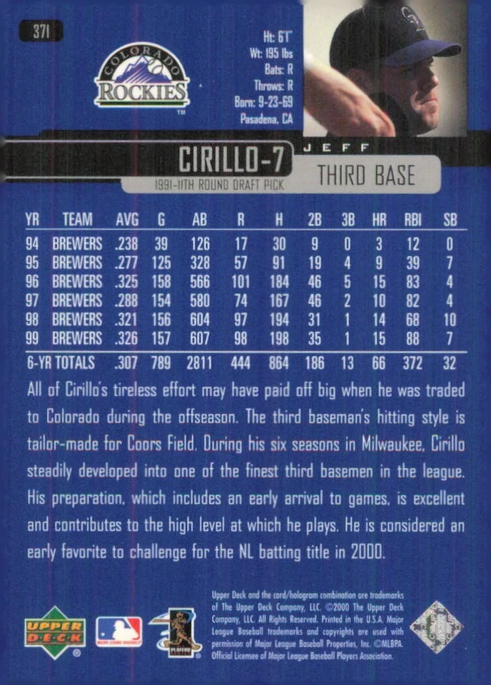 2000 Upper Deck #371 Jeff Cirillo Colorado Rockies Baseball Card - Image 2 of 2