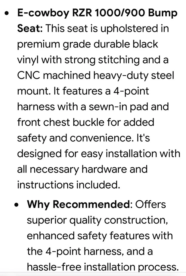 Asiento de parachoques E-cowboy RZR 1000/900 Foto 2 de 4