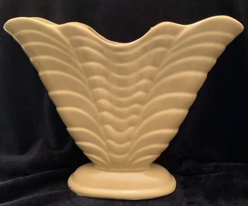 Vintage Roseville Triple Fan Vase RRP Co Art Deco Yellow 13”W 10” T