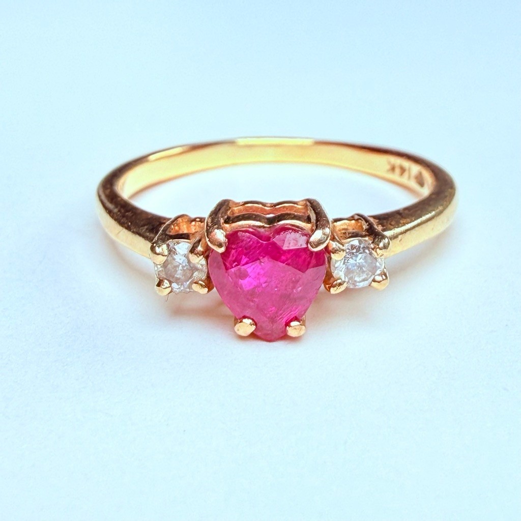 14K Solid Yellow Gold Red Genuine Ruby Heart & Di… - image 1