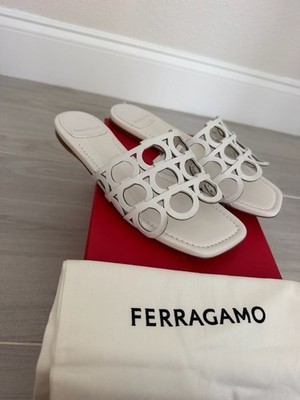 Ferragamo Erne Doha Laser-Cut Gancini Slide Sandals in White/ivory