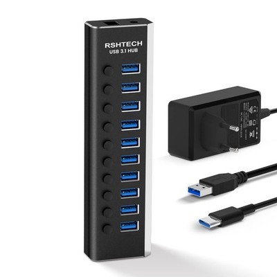 RSHTECH RSH-A10S USB-Hub mit 10 Anschlüssen, 10 Gb/s, inklusive 36-W-Netzteil