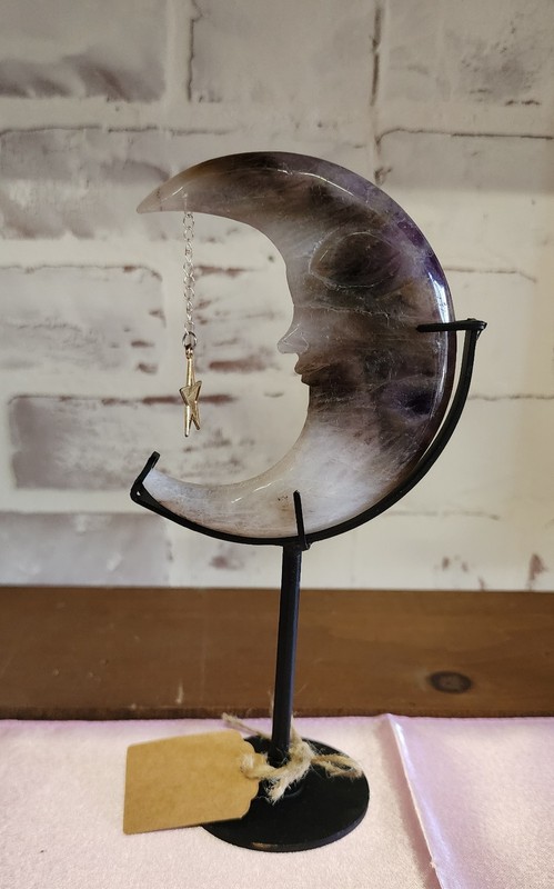 NEW Handcarved Amethyst Crystal Moon With Hanging Star And Custom Display Stand