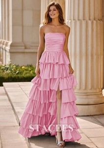 stacees dresses 2026 Red Tiered Ruffle Prom Dress with Keyhole Spaghetti Straps Pleats or weddings Girls just wanna have fun